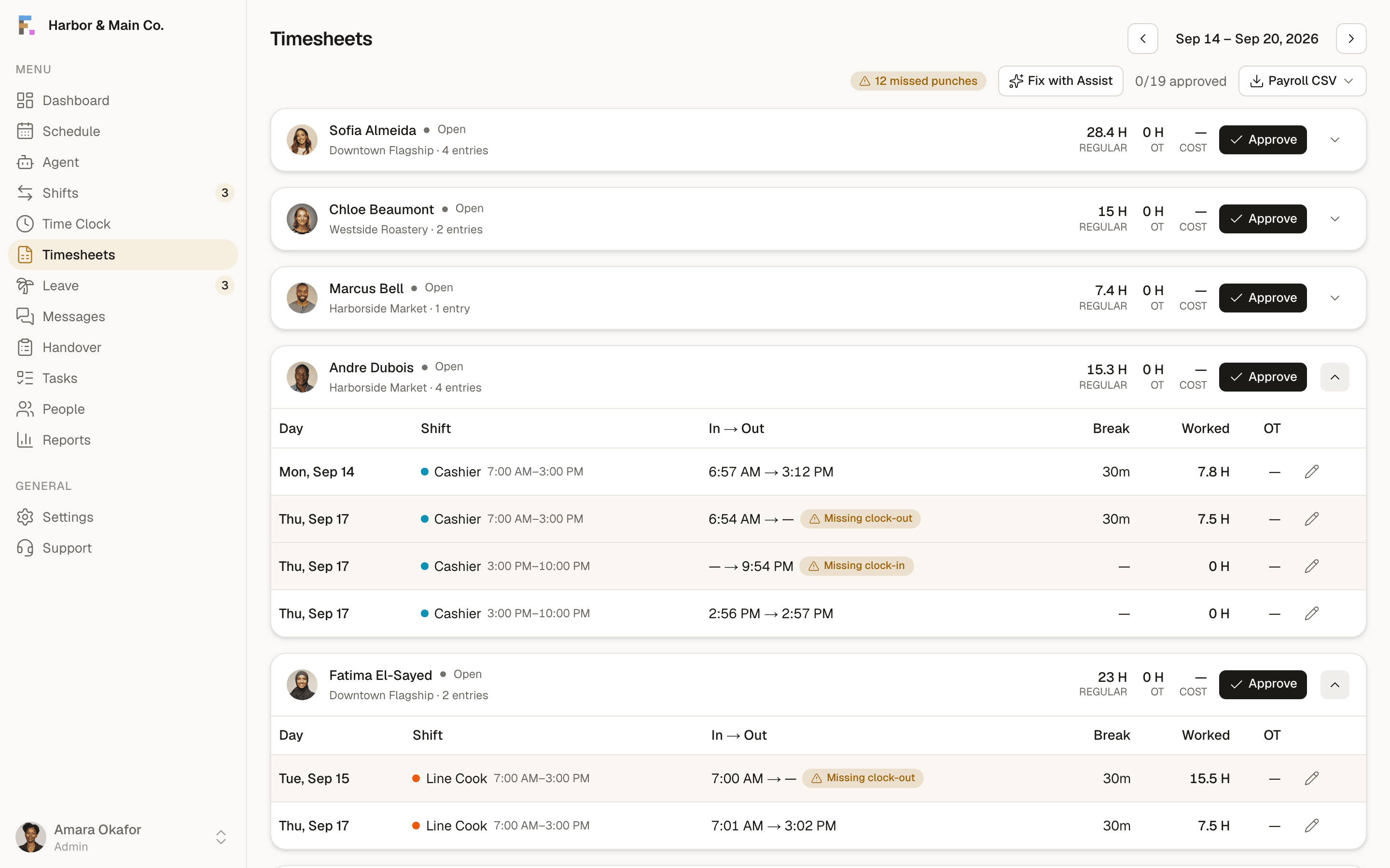 Formclock timesheets: hours, breaks and overtime totalled per person for the pay period, with exceptions flagged for review.